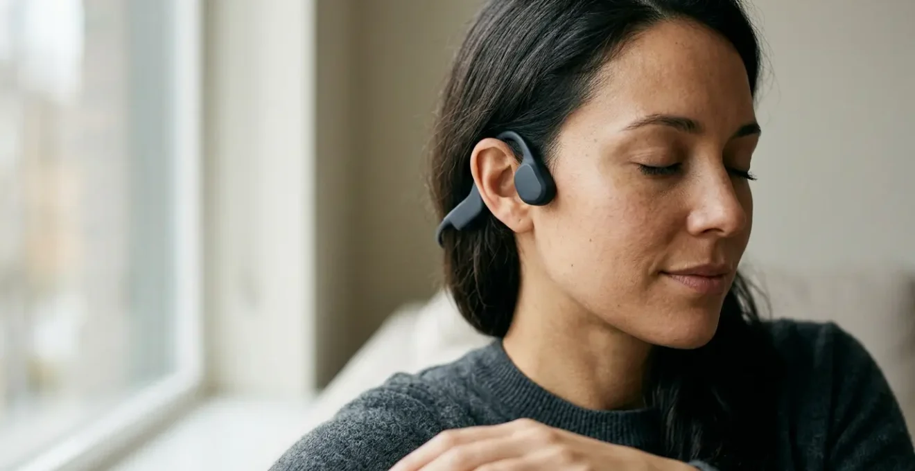 Person wearing bone conduction headphones in a calm environment, engaged in focused auditory processing exercise