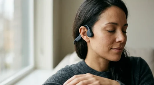 Person wearing bone conduction headphones in a calm environment, engaged in focused auditory processing exercise