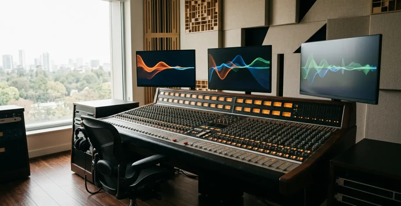 Professional analog mixing console integrated with digital audio workstation in modern recording studio