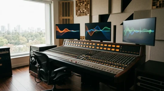 Professional analog mixing console integrated with digital audio workstation in modern recording studio