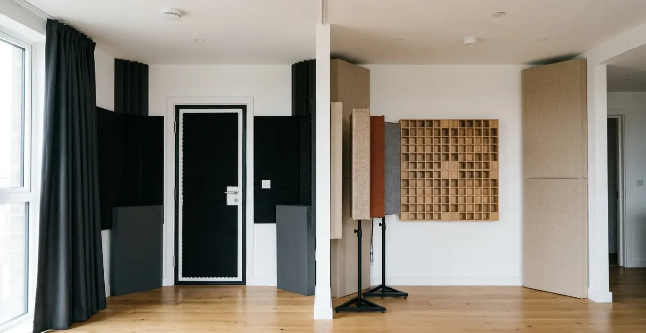Split-perspective apartment interior showing soundproofing materials on one side and acoustic treatment panels on the other