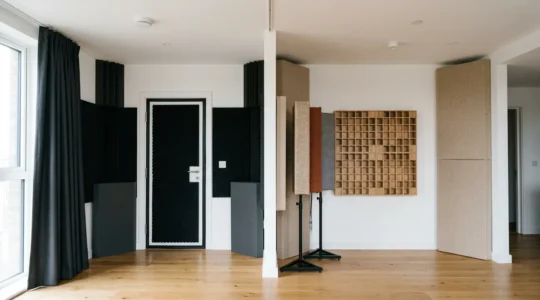Split-perspective apartment interior showing soundproofing materials on one side and acoustic treatment panels on the other