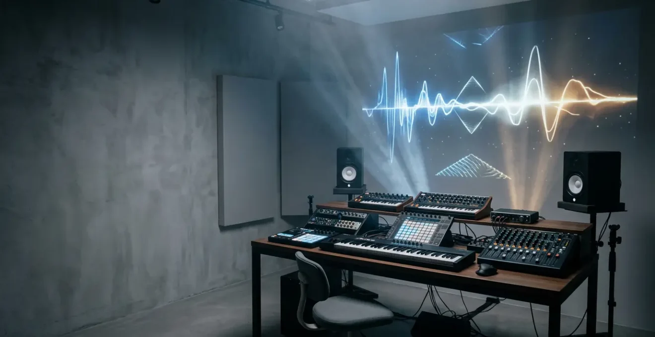 Professional audio-reactive visual setup with waveform analysis and frequency spectrum display in a modern studio environment