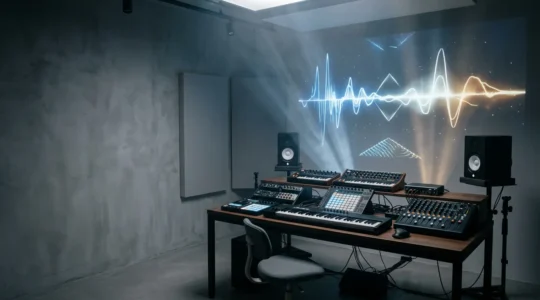 Professional audio-reactive visual setup with waveform analysis and frequency spectrum display in a modern studio environment