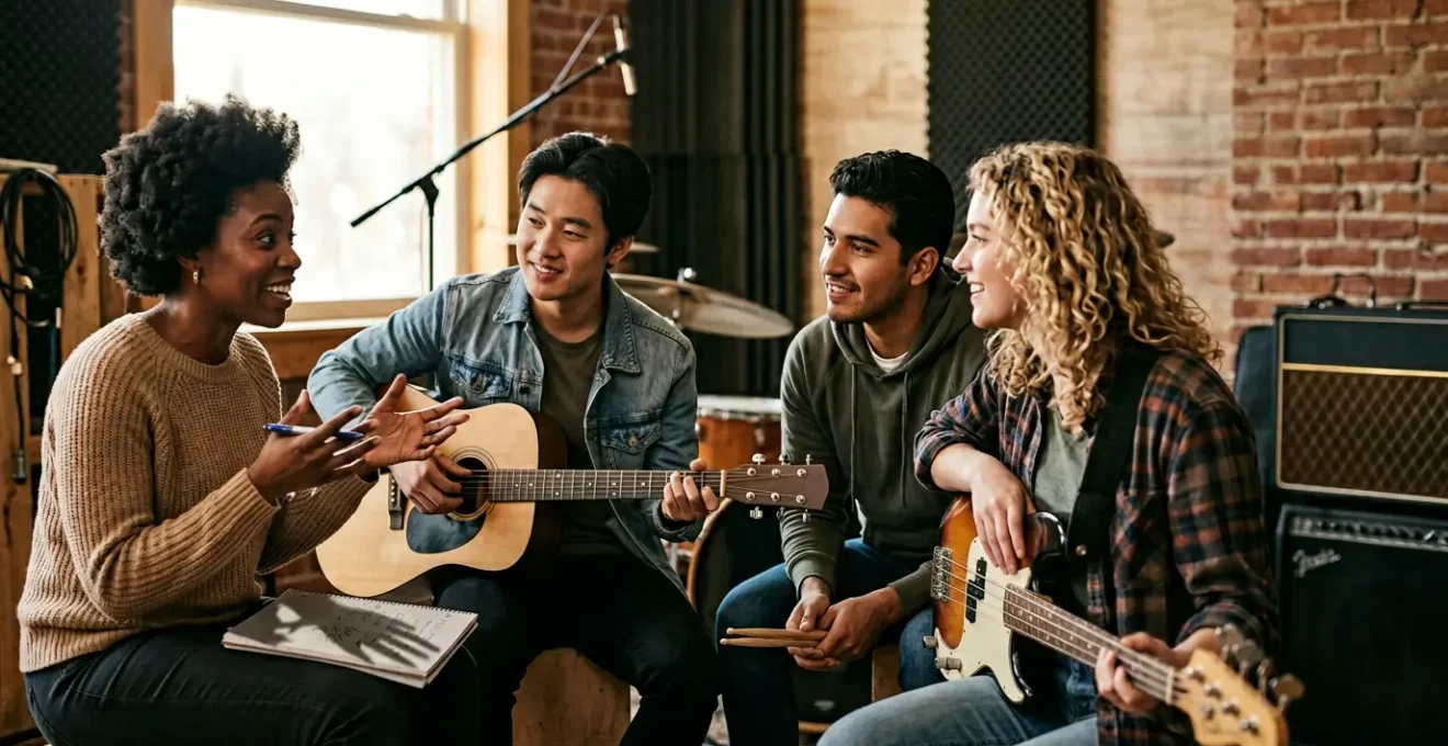 Musicians collaborating on songwriting in a creative studio environment
