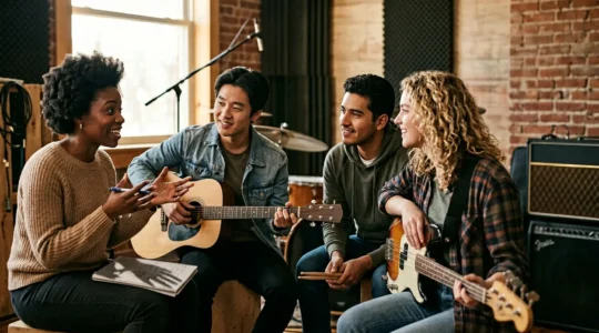 Musicians collaborating on songwriting in a creative studio environment