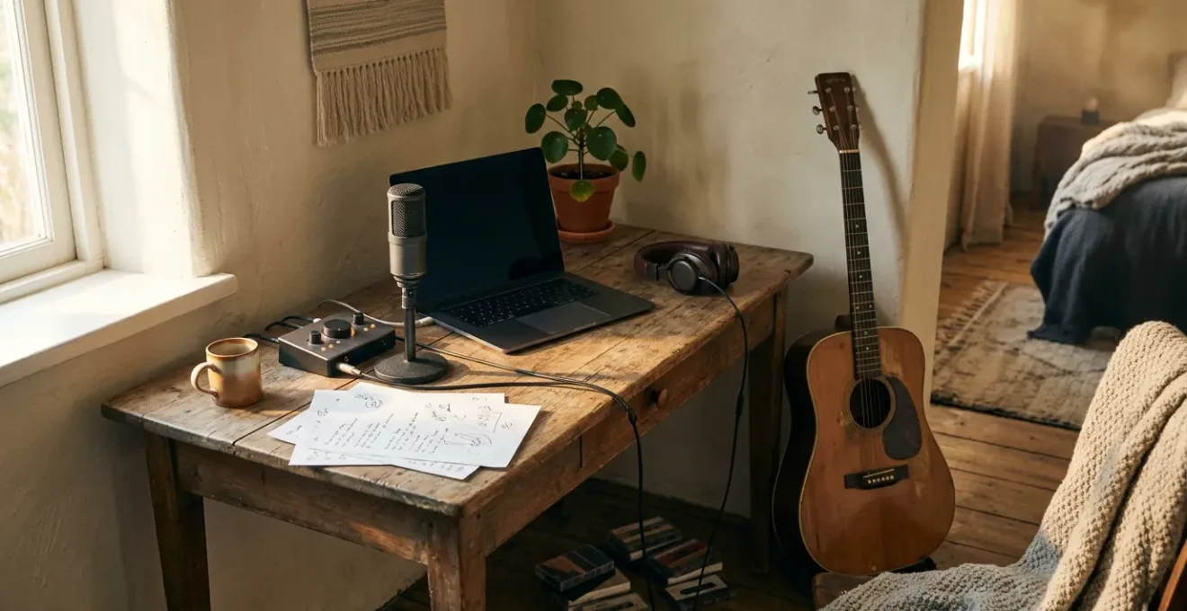 Intimate home recording setup with vintage aesthetic for bedroom pop music production