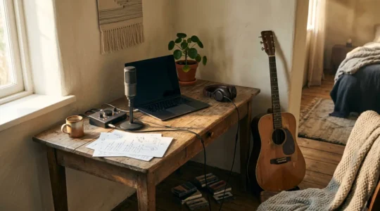 Intimate home recording setup with vintage aesthetic for bedroom pop music production