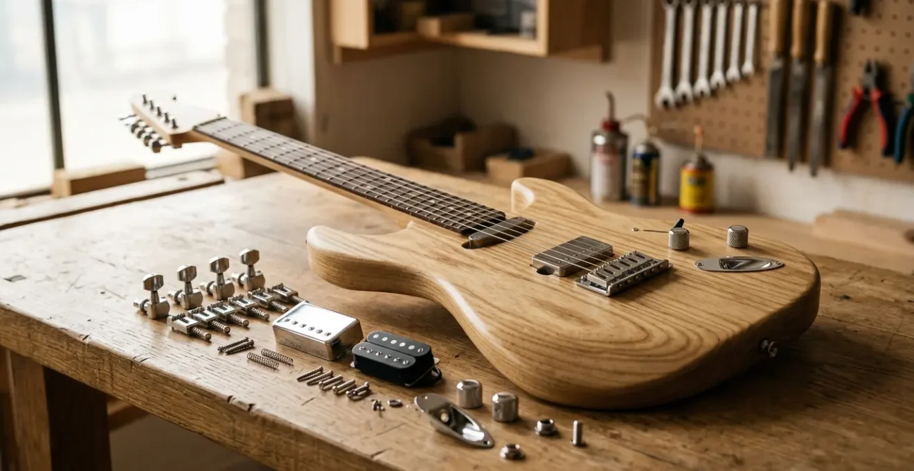 Professional-grade solid-body electric guitar with premium hardware components showcasing upgrade possibilities