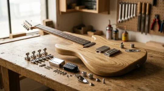 Professional-grade solid-body electric guitar with premium hardware components showcasing upgrade possibilities