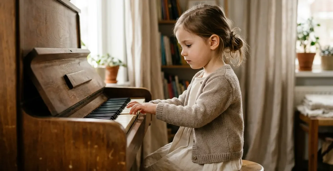 A contemplative moment showing a young child's hand gently touching piano keys in soft natural light, symbolizing the personal journey of choosing the right musical learning method
