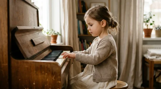A contemplative moment showing a young child's hand gently touching piano keys in soft natural light, symbolizing the personal journey of choosing the right musical learning method