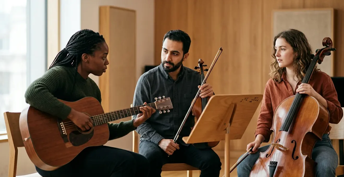 Musicians collaborating together in a dynamic group workshop environment