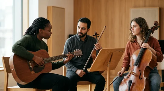 Musicians collaborating together in a dynamic group workshop environment