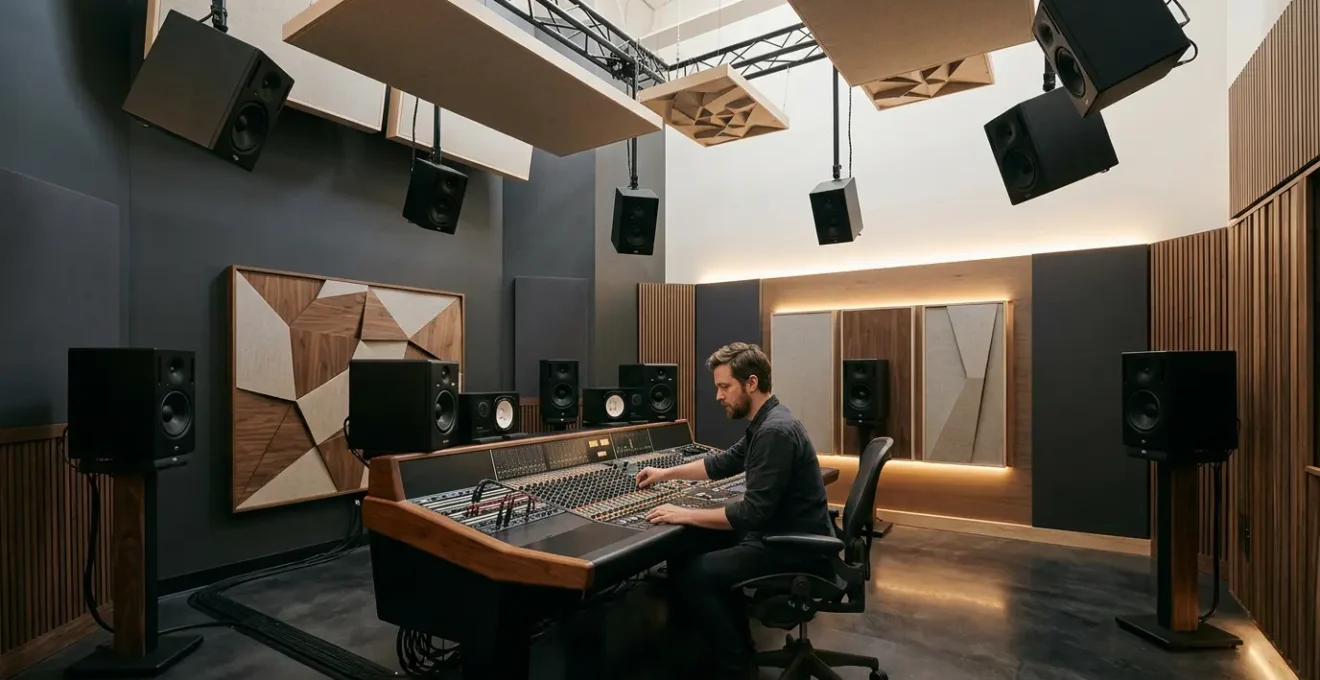Professional music producer working in a Dolby Atmos certified studio surrounded by speakers in three-dimensional array