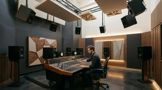 Professional music producer working in a Dolby Atmos certified studio surrounded by speakers in three-dimensional array