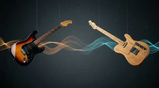 Two electric guitars in complementary frequency arrangement without visual conflict