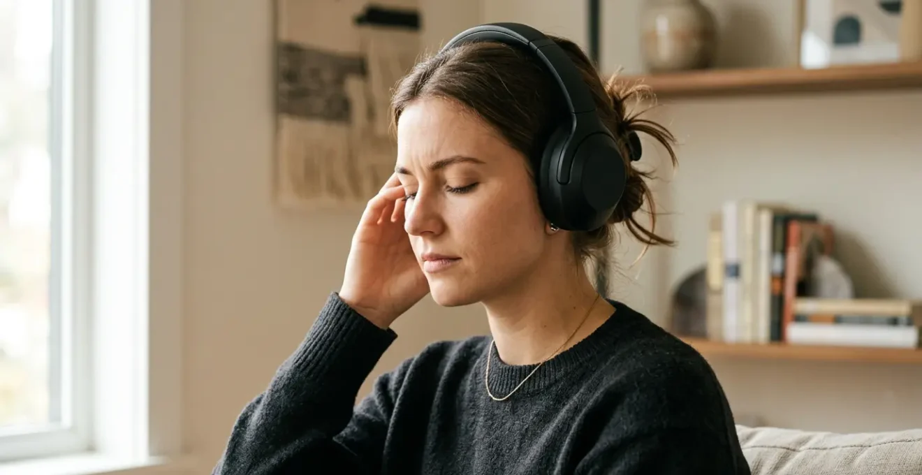 A person attentively listening to their environment with headphones, showcasing the practice of frequency identification in daily life