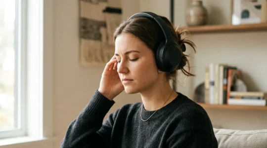 A person attentively listening to their environment with headphones, showcasing the practice of frequency identification in daily life