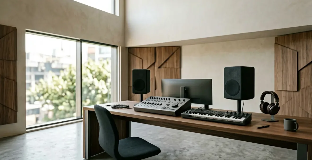 Professional music production studio with emphasis on waveforms and energy dynamics