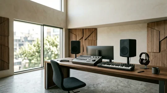 Professional music production studio with emphasis on waveforms and energy dynamics