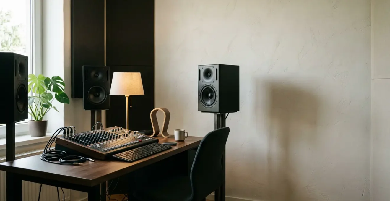 Professional studio monitors in acoustically untreated room showing mixing challenges