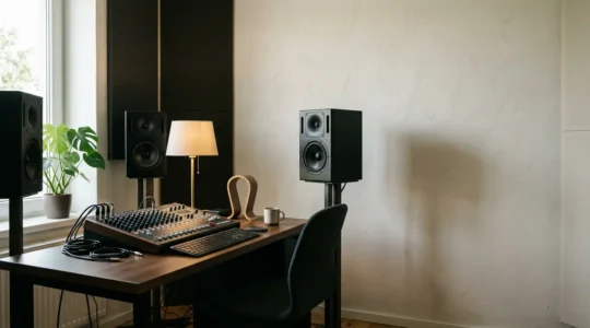Professional studio monitors in acoustically untreated room showing mixing challenges