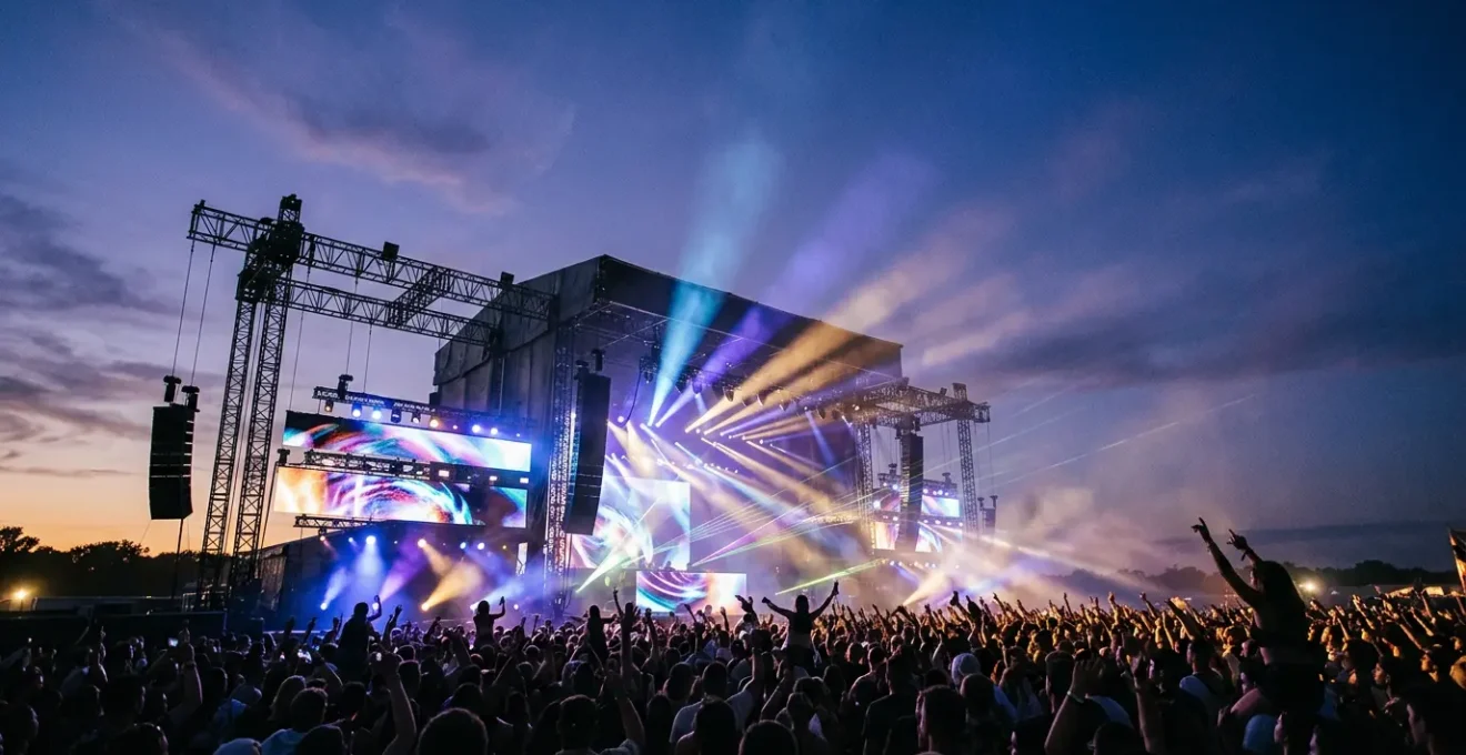 Wide-angle view of a massive festival main stage at night with powerful lighting beams and crowd silhouettes