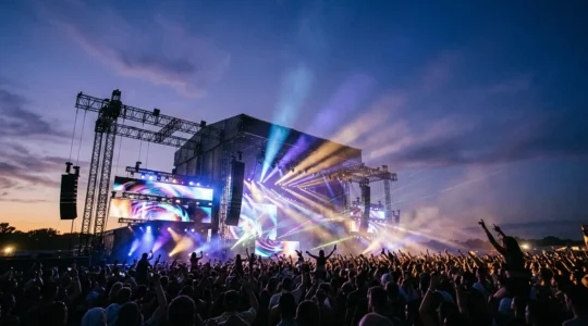 Wide-angle view of a massive festival main stage at night with powerful lighting beams and crowd silhouettes