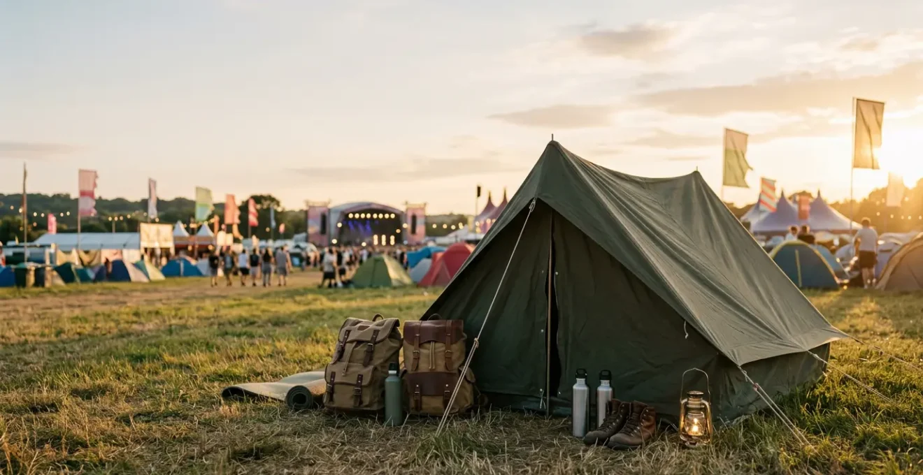 Peaceful camping tent setup at music festival during golden hour with mountains in background