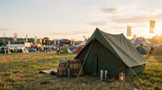 Peaceful camping tent setup at music festival during golden hour with mountains in background