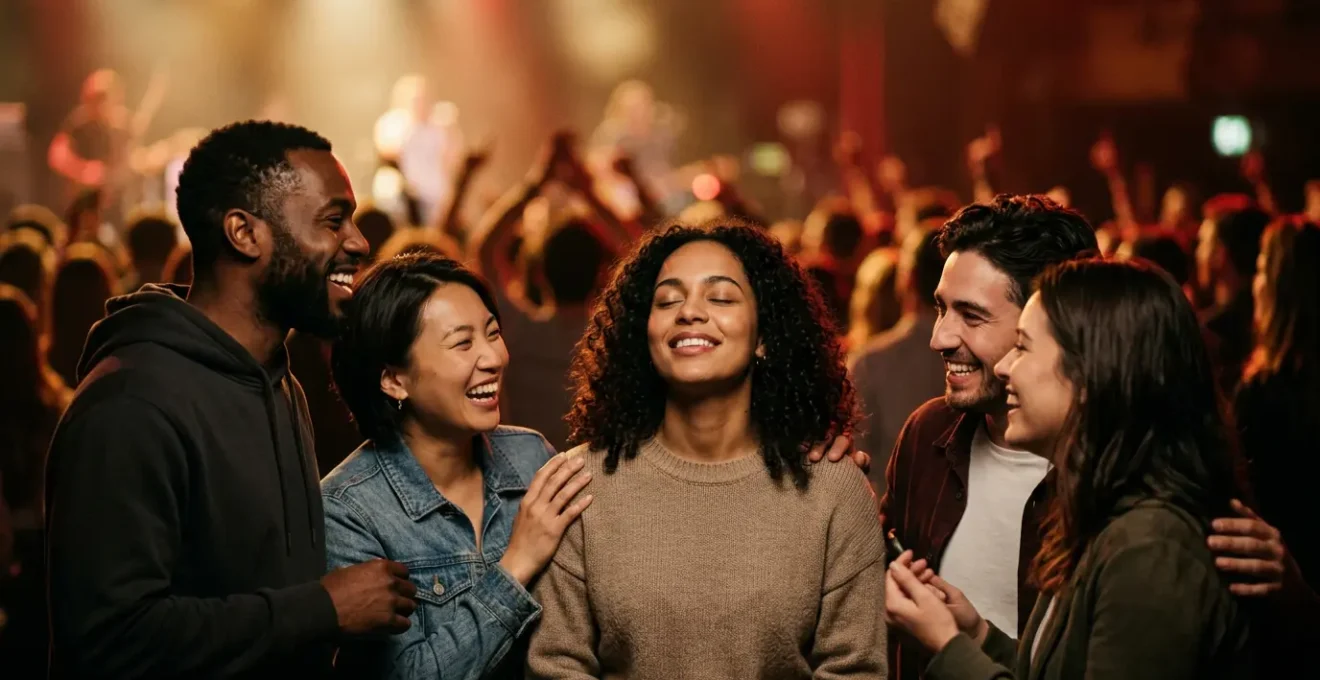 Diverse crowd of dedicated music fans with emotional expressions showing deep connection and loyalty