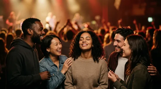 Diverse crowd of dedicated music fans with emotional expressions showing deep connection and loyalty
