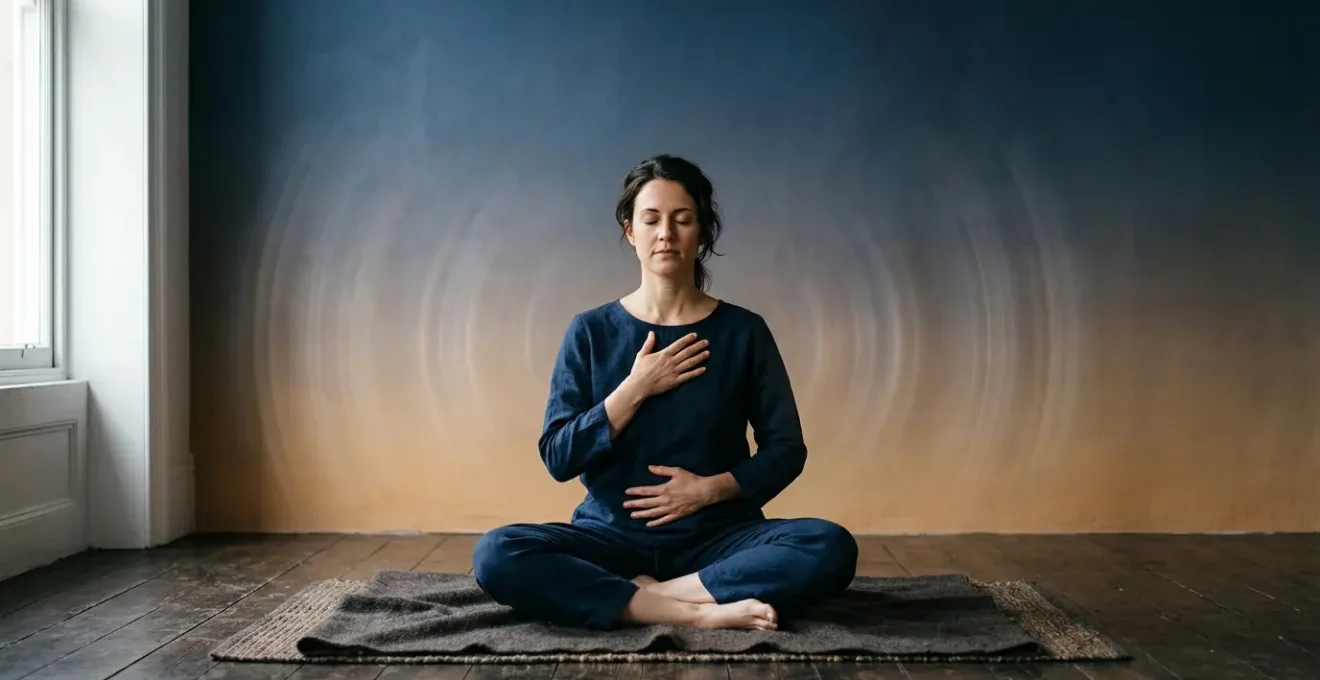 Abstract visual representation of sound frequency waves interacting with human emotional and physiological responses during therapy