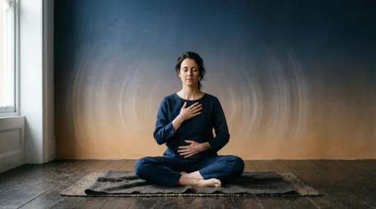 Abstract visual representation of sound frequency waves interacting with human emotional and physiological responses during therapy