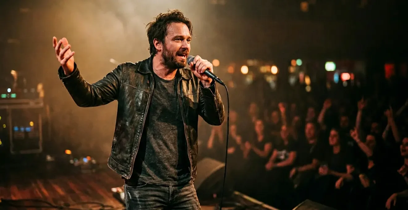 Dynamic frontman performer commanding stage with confident body language and emotional presence