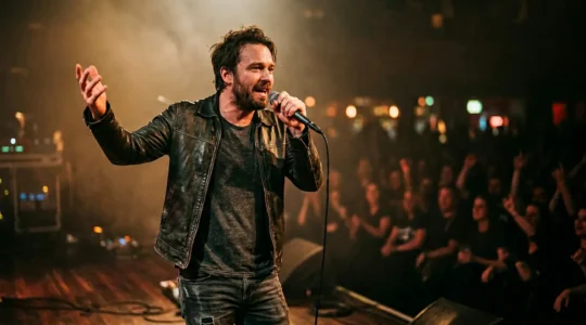 Dynamic frontman performer commanding stage with confident body language and emotional presence
