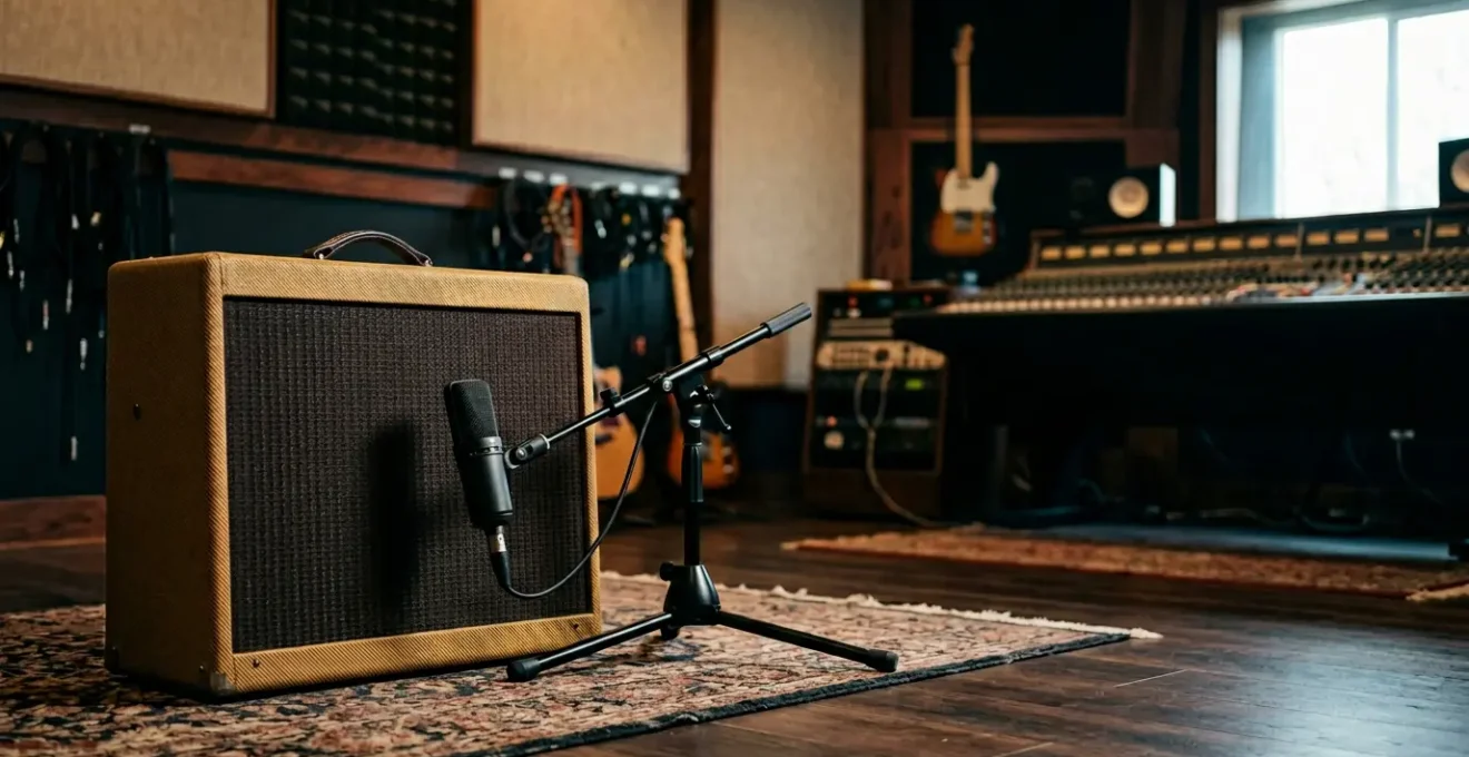 Professional recording studio setup capturing high-gain guitar amplifier with precision microphone placement