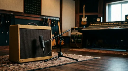 Professional recording studio setup capturing high-gain guitar amplifier with precision microphone placement