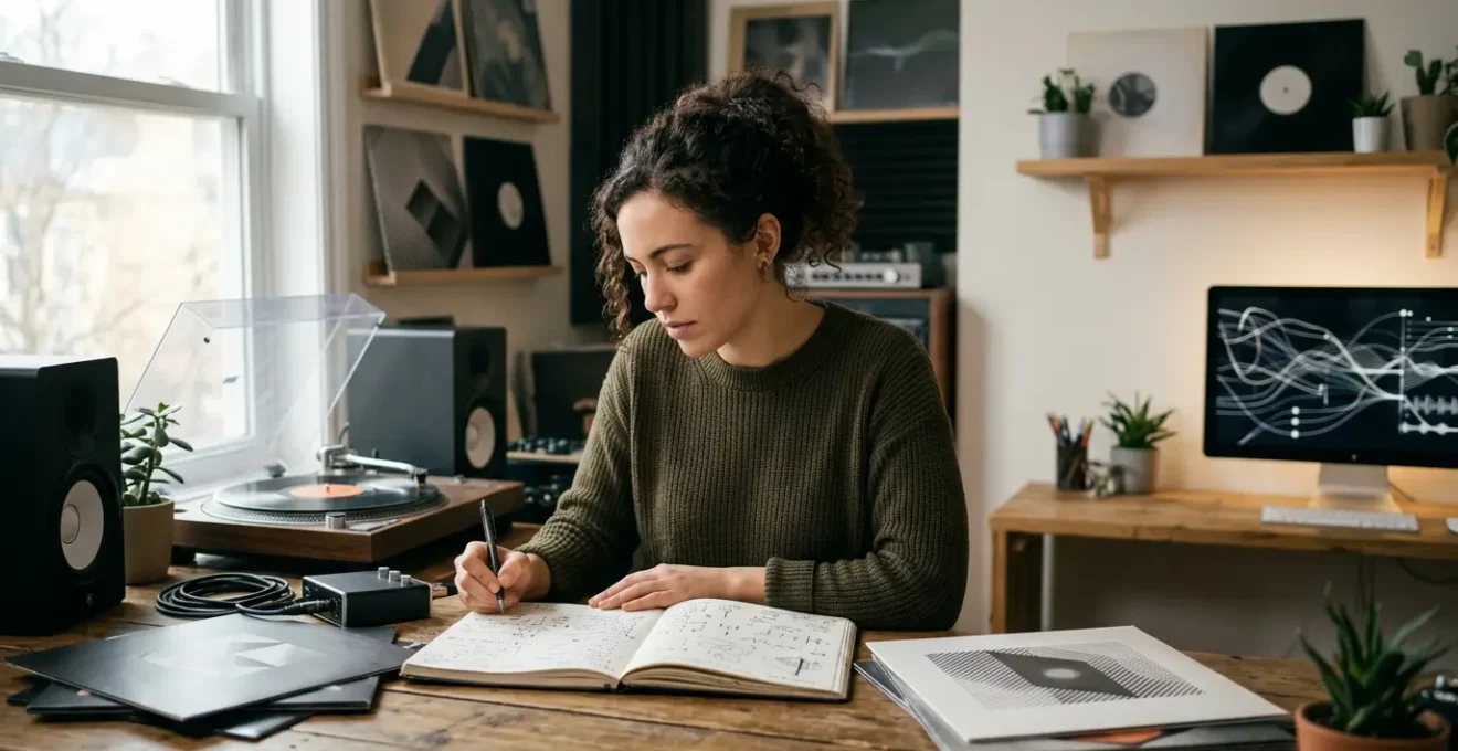 Independent musician strategizing music release with digital streaming platform analytics and editorial playlist targeting concept