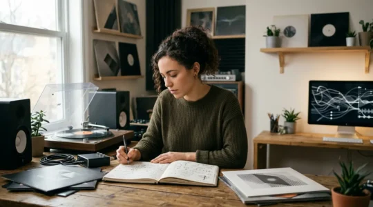 Independent musician strategizing music release with digital streaming platform analytics and editorial playlist targeting concept