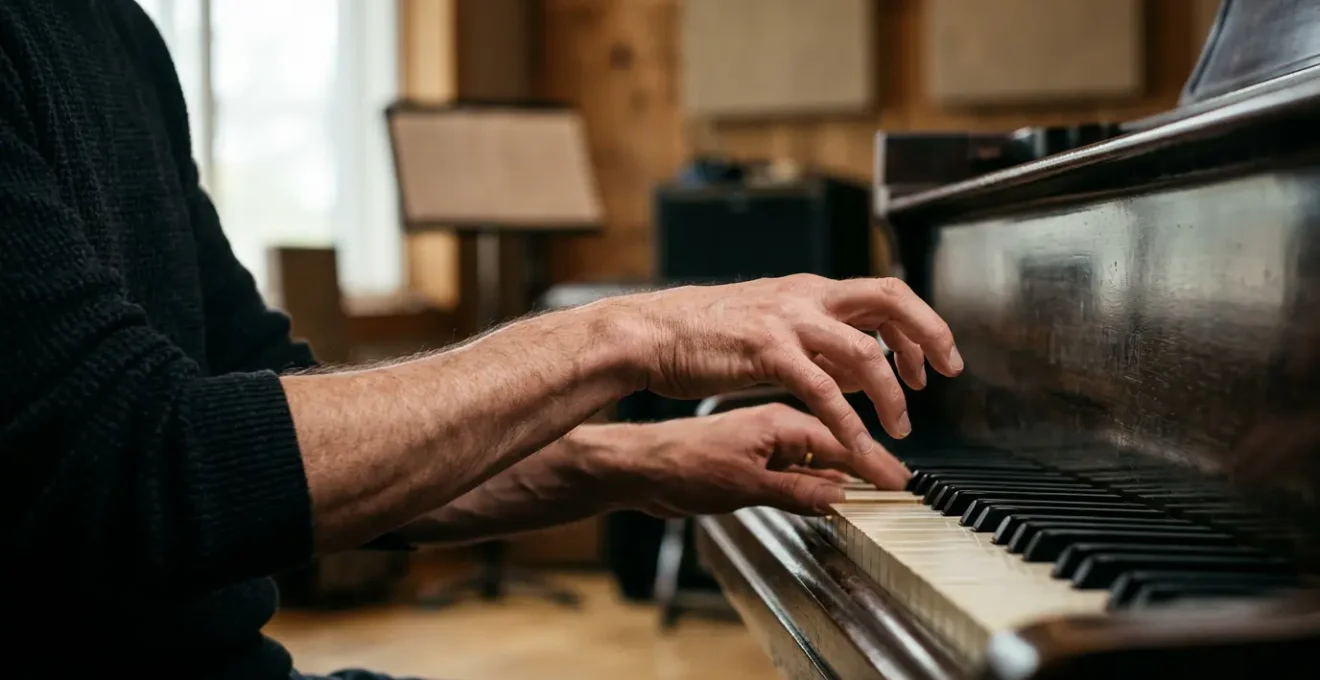 A musician's hands in focused practice session representing the journey from intermediate plateau to mastery