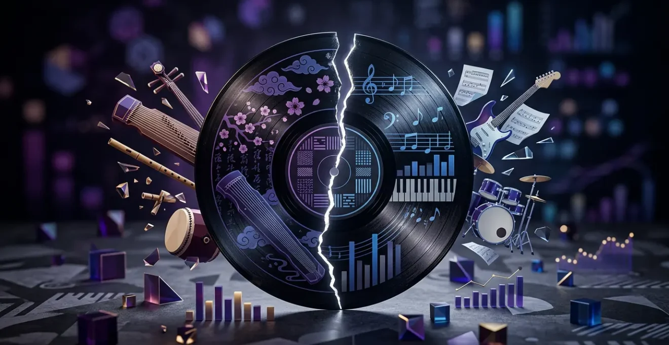 Abstract symbolic representation of K-Pop chart strategy influence on Western music metrics