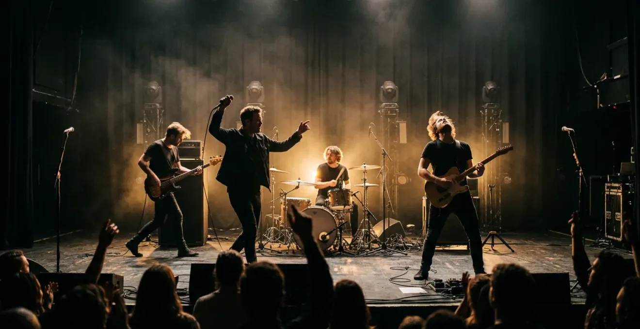 Band members performing together on stage with focused intensity and coordinated stage presence