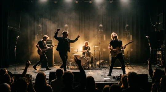 Band members performing together on stage with focused intensity and coordinated stage presence