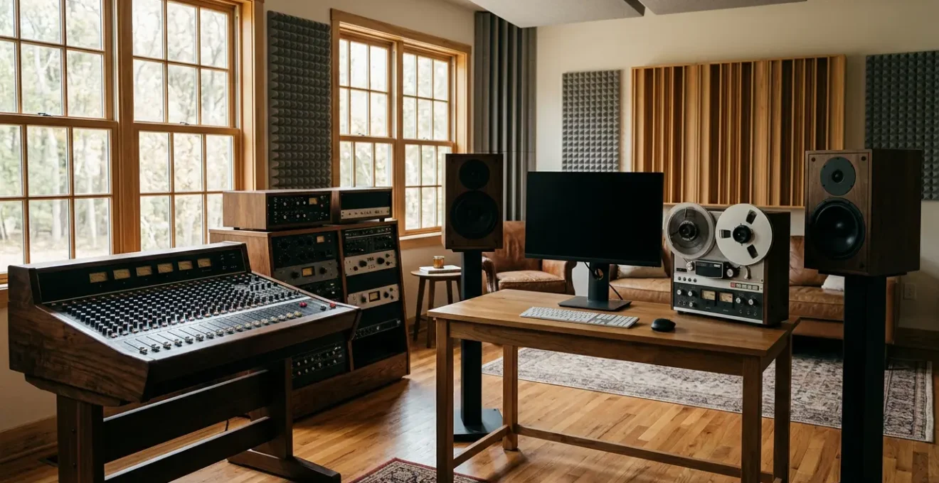 Musical artist contemplating between vinyl record and compact format in atmospheric recording studio environment