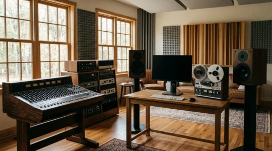 Musical artist contemplating between vinyl record and compact format in atmospheric recording studio environment