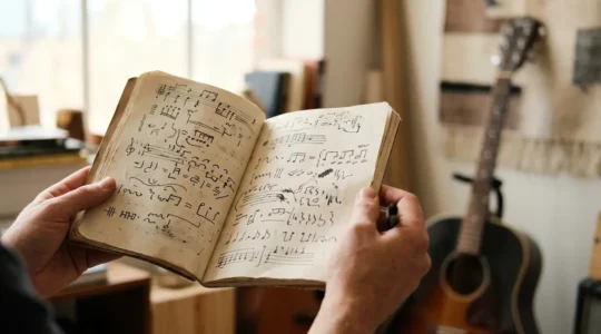 Musician preparing for a masterclass session with focused attention and learning materials
