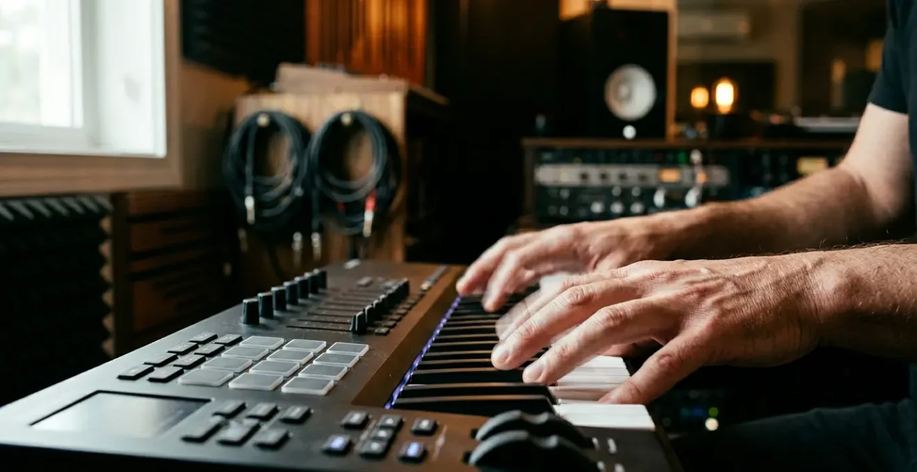 Professional music producer using MIDI controller with expressive hand gestures performing live VST synthesis