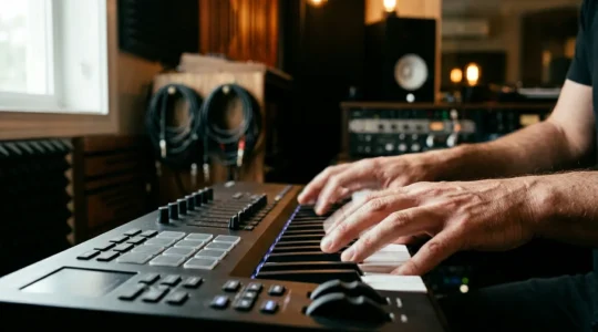 Professional music producer using MIDI controller with expressive hand gestures performing live VST synthesis